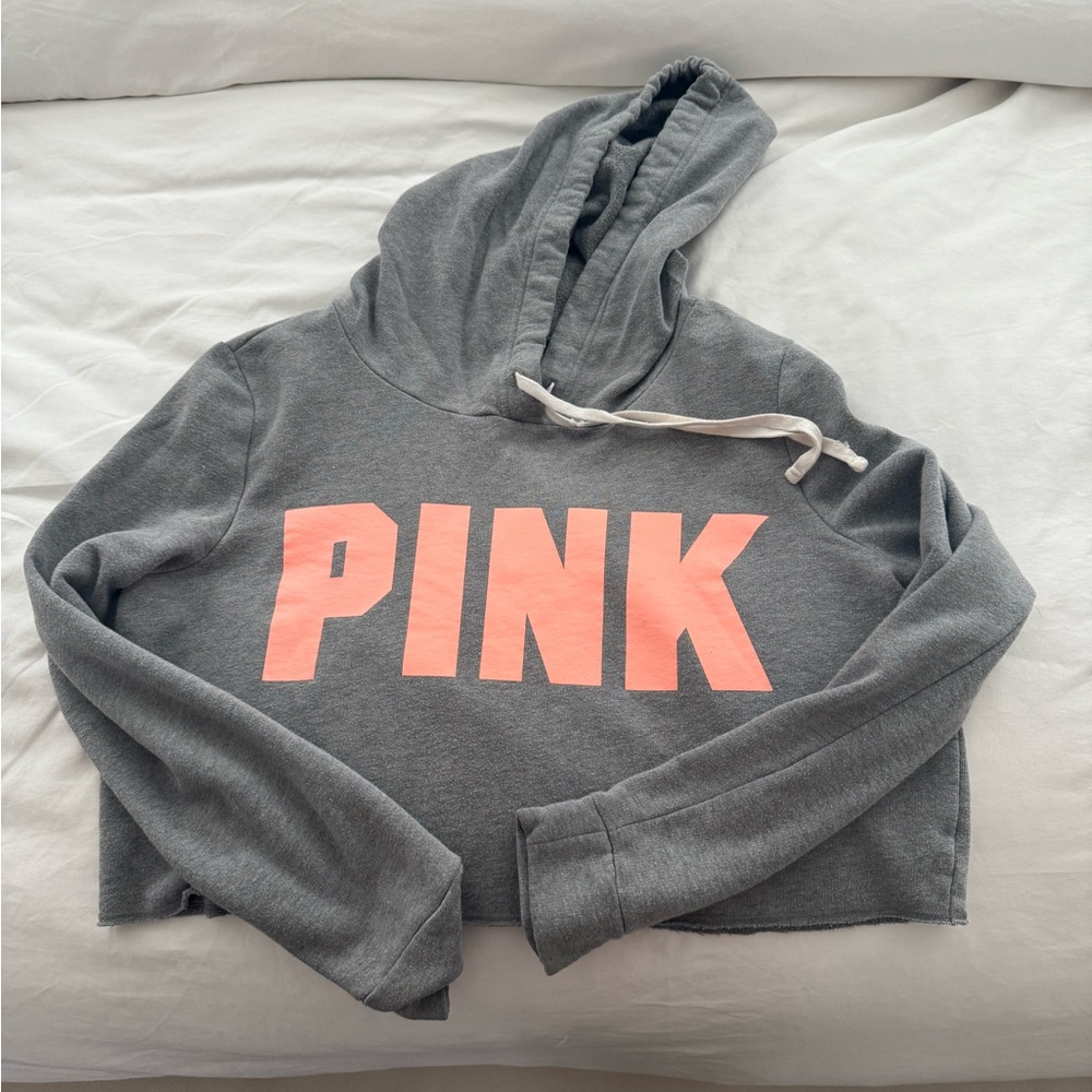 PINK Victoria's Secret Gray and Peach Women's Cropped Hoodie